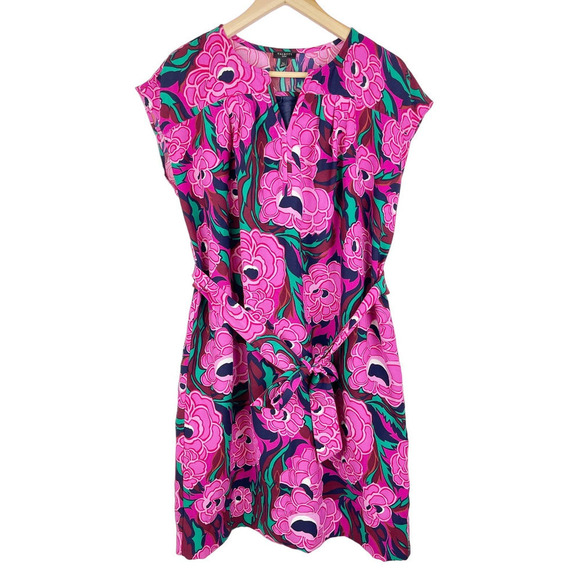 TALBOTS Bold Pink Floral Cap Sleeve Crepe Shift Dress Women's Large Petite LP - Picture 1 of 7